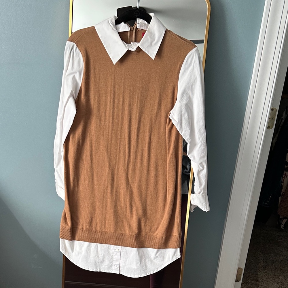 STAUD Camel Sweater Vest with White Shirt